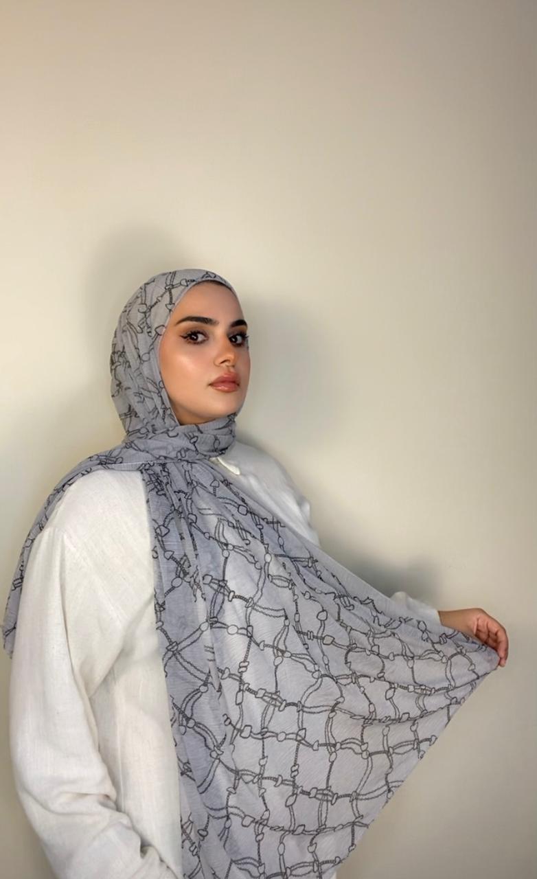 Light Soft Cashmere fabric with prints Head Scarf-Light grey