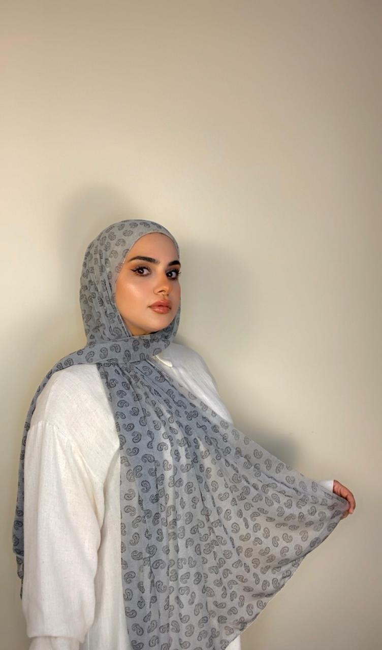 Light Soft Cashmere fabric with prints Head Scarf-Light Grey