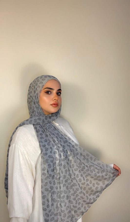 Light Soft Cashmere fabric with prints Head Scarf-Light Grey